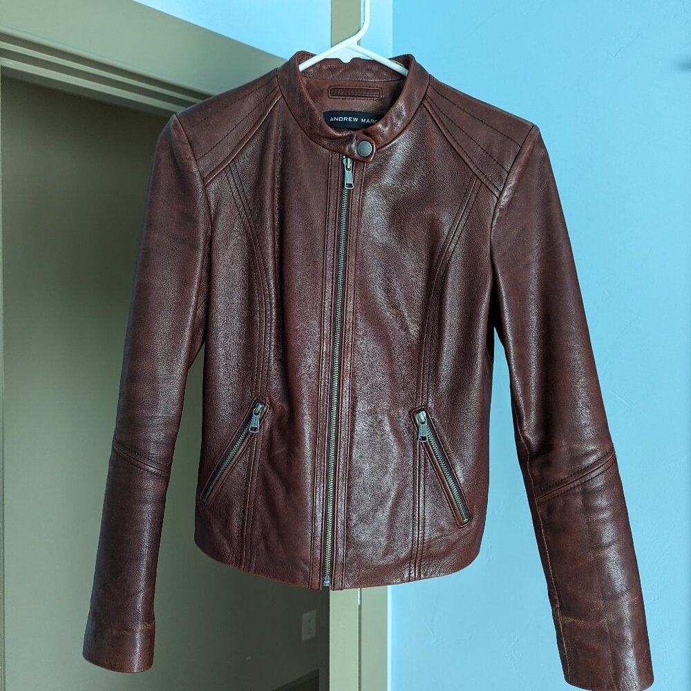 Andrew Marc burgundy leather moto/racer jacket, size small